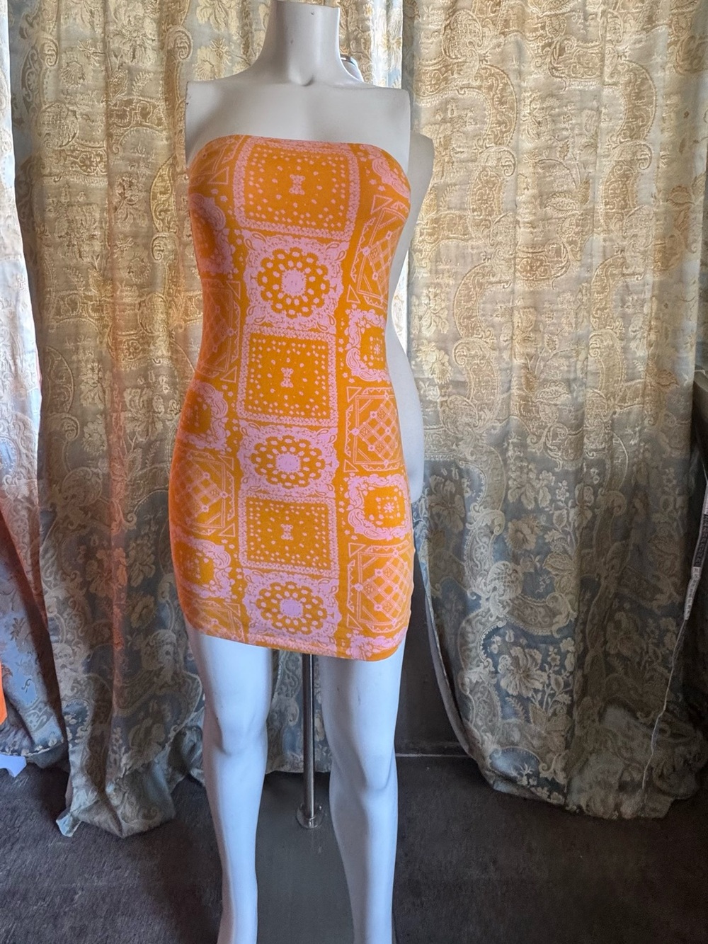 bp Orange and Pink Strapless Bandana-Print Mini Dress